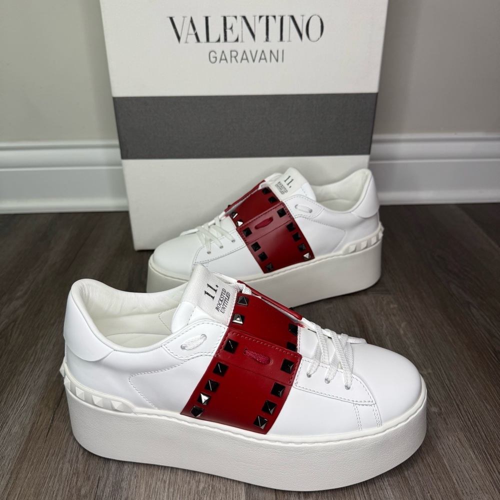 Valentino Garavani Limited Edition Rockstud Platform White Red Leather Sneakers - Picture 3 of 15